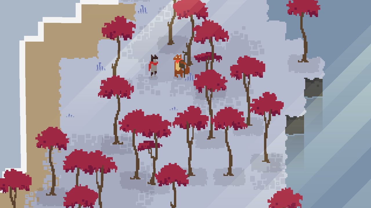 pixel art of two creatures meeting in palm forest