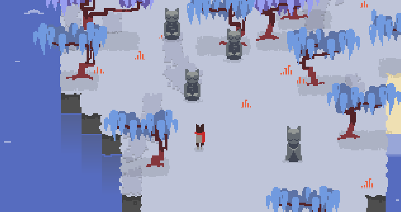 pixel art of cat statues in a lilac forest