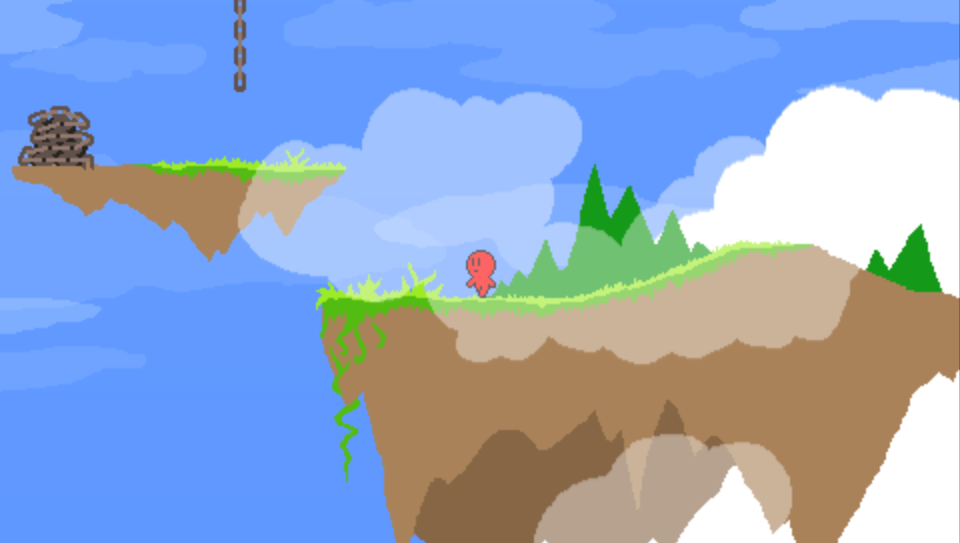 small red game character exploring islands in sky