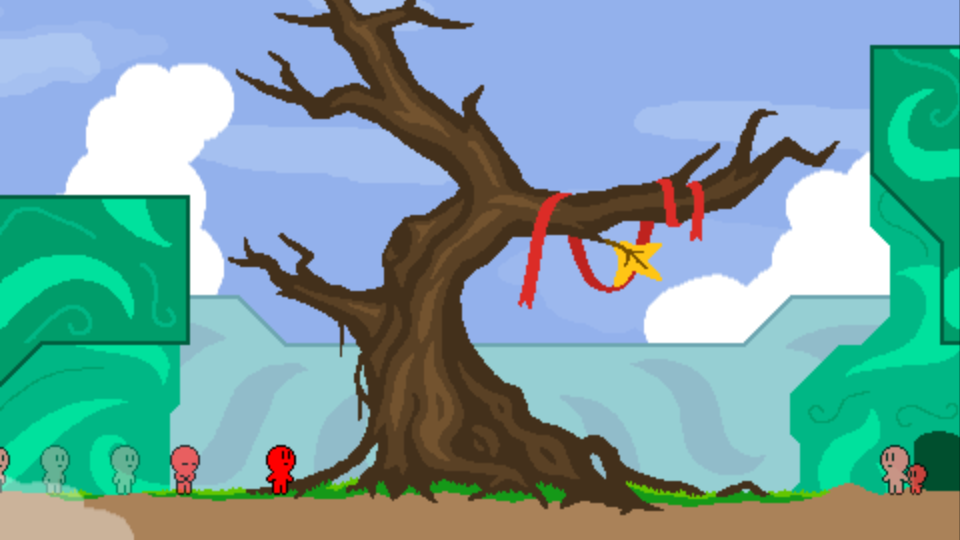 small red game character observing dying tree