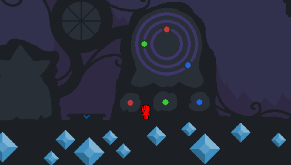 small red game character in subterranean chamber