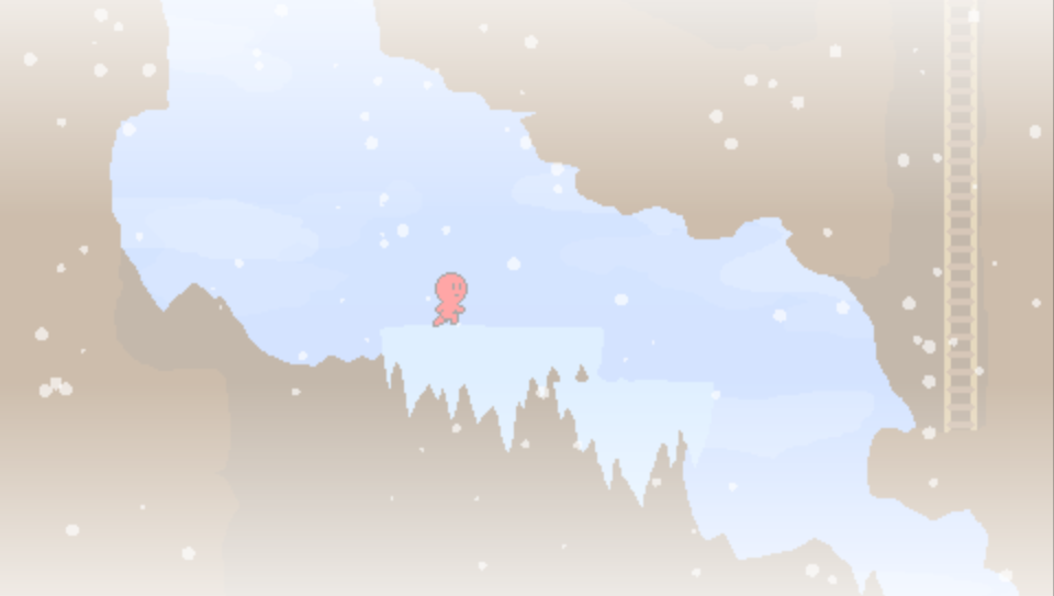 small red game character running on ice in a snowstorm