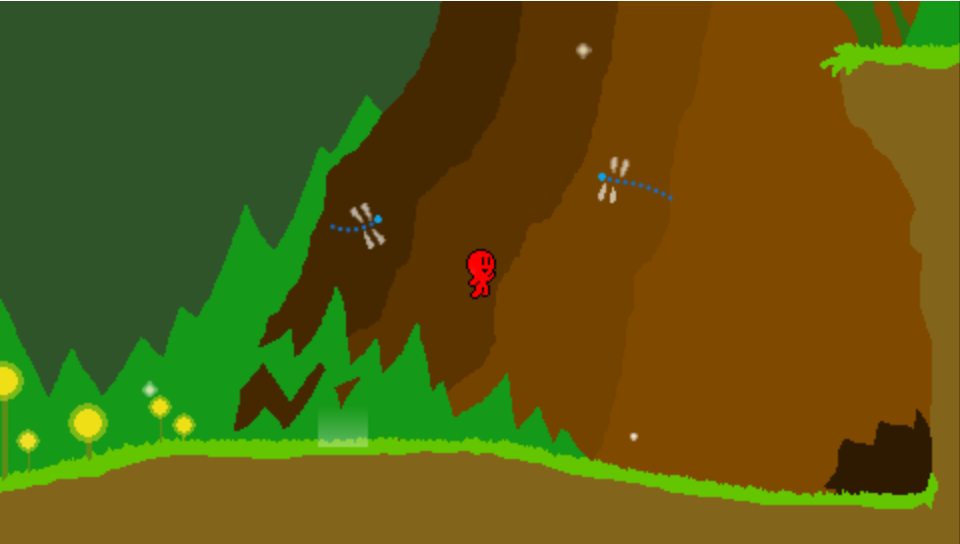 small red game character jumping in a forest