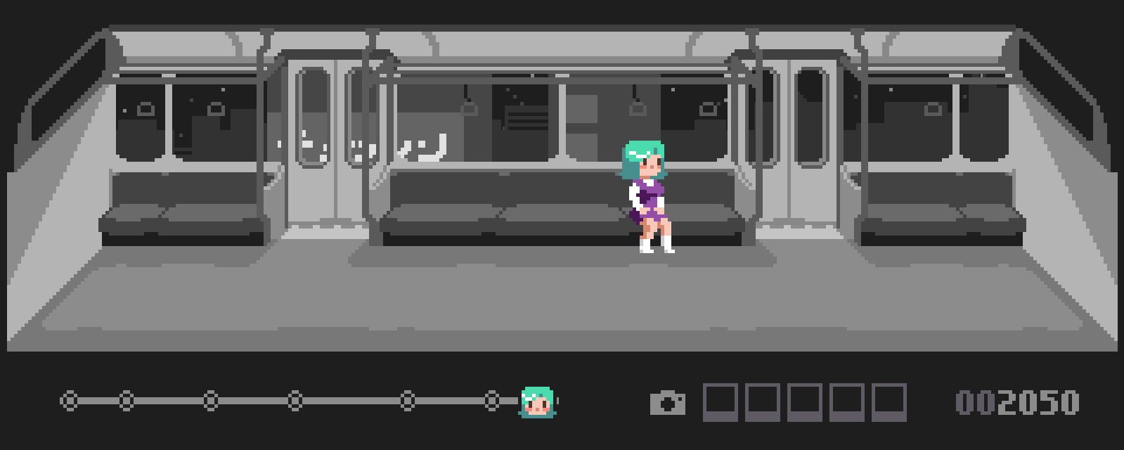 game character alone on train at night