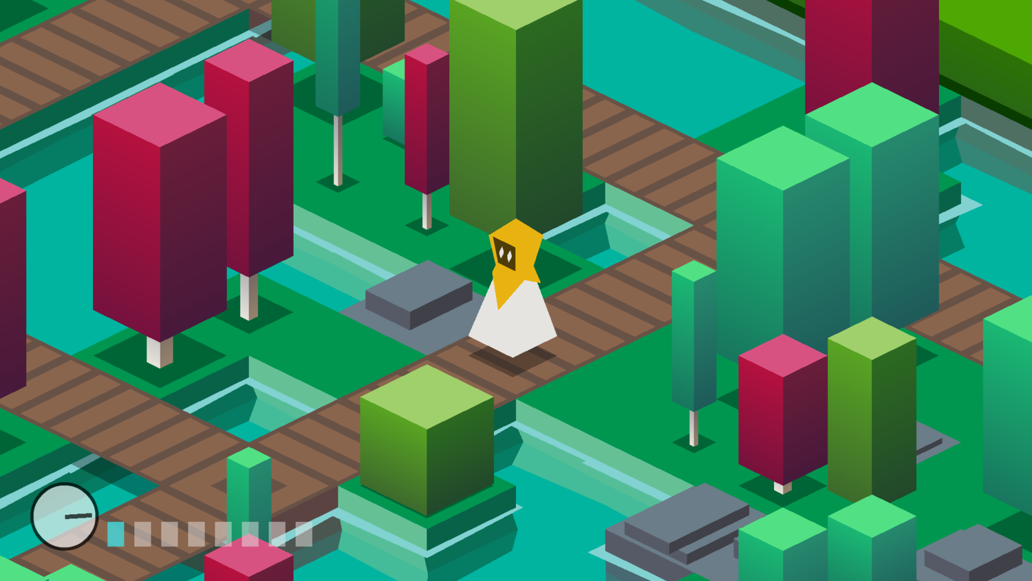 low-poly game with green and red cubic trees