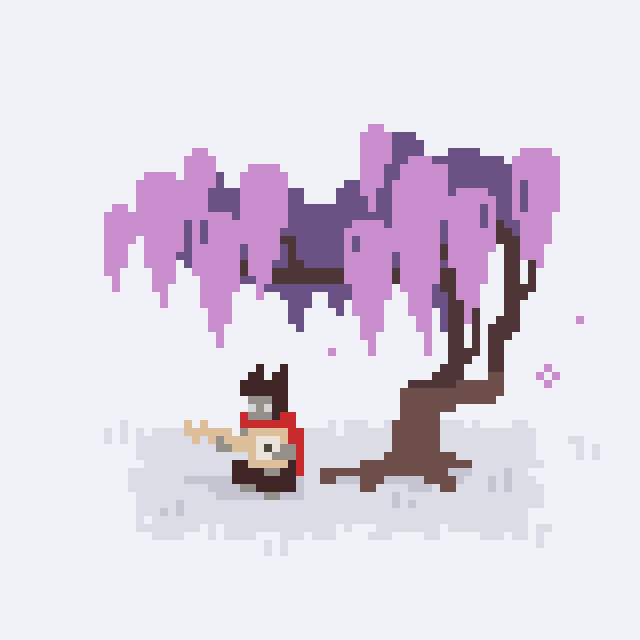 pixel art creature playing a guiter beneath a purple tree